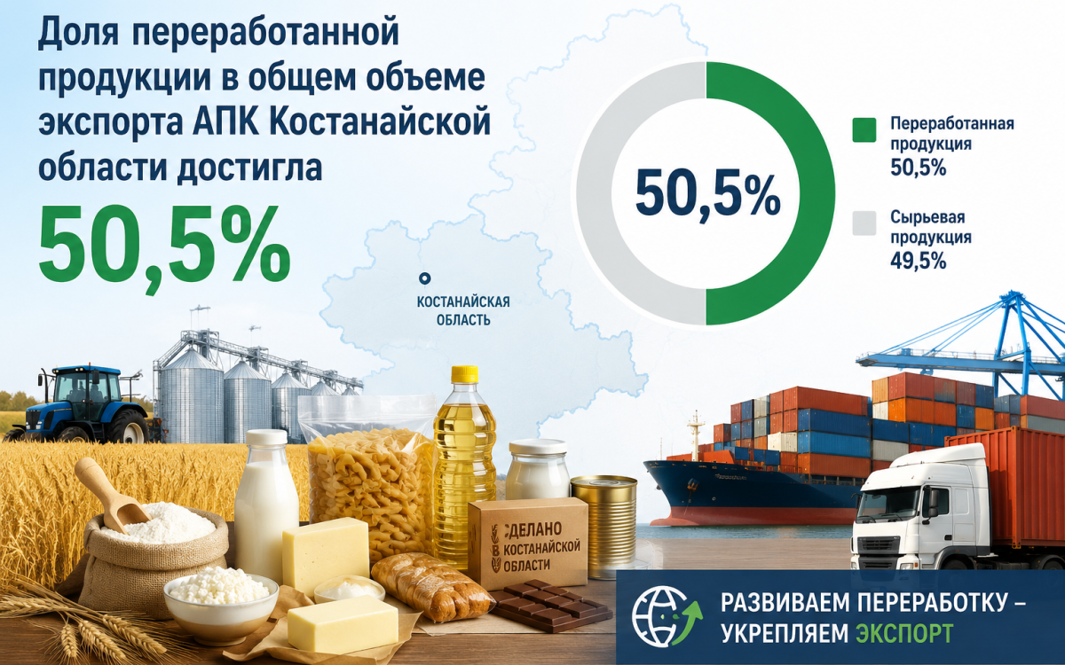 Доля переработанной продукции в общем объеме экспорта АПК Костанайской области достигла 50,5%